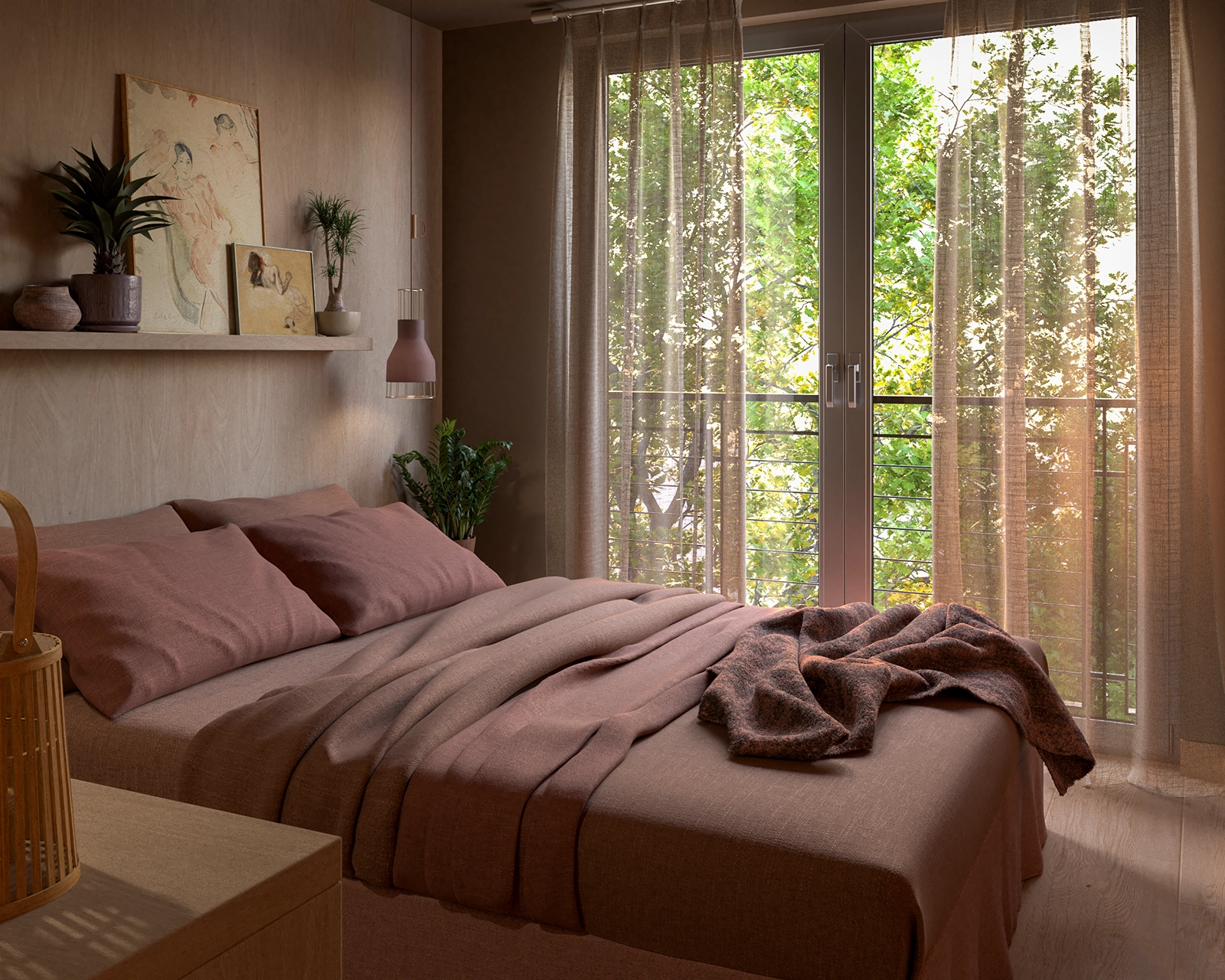 A warm, softly lit bedroom with a large bed in terracotta bedding, a textured throw, and light wood accents. Sheer curtains frame glass doors that open to a balcony with lush green foliage, creating a calm and inviting atmosphere.